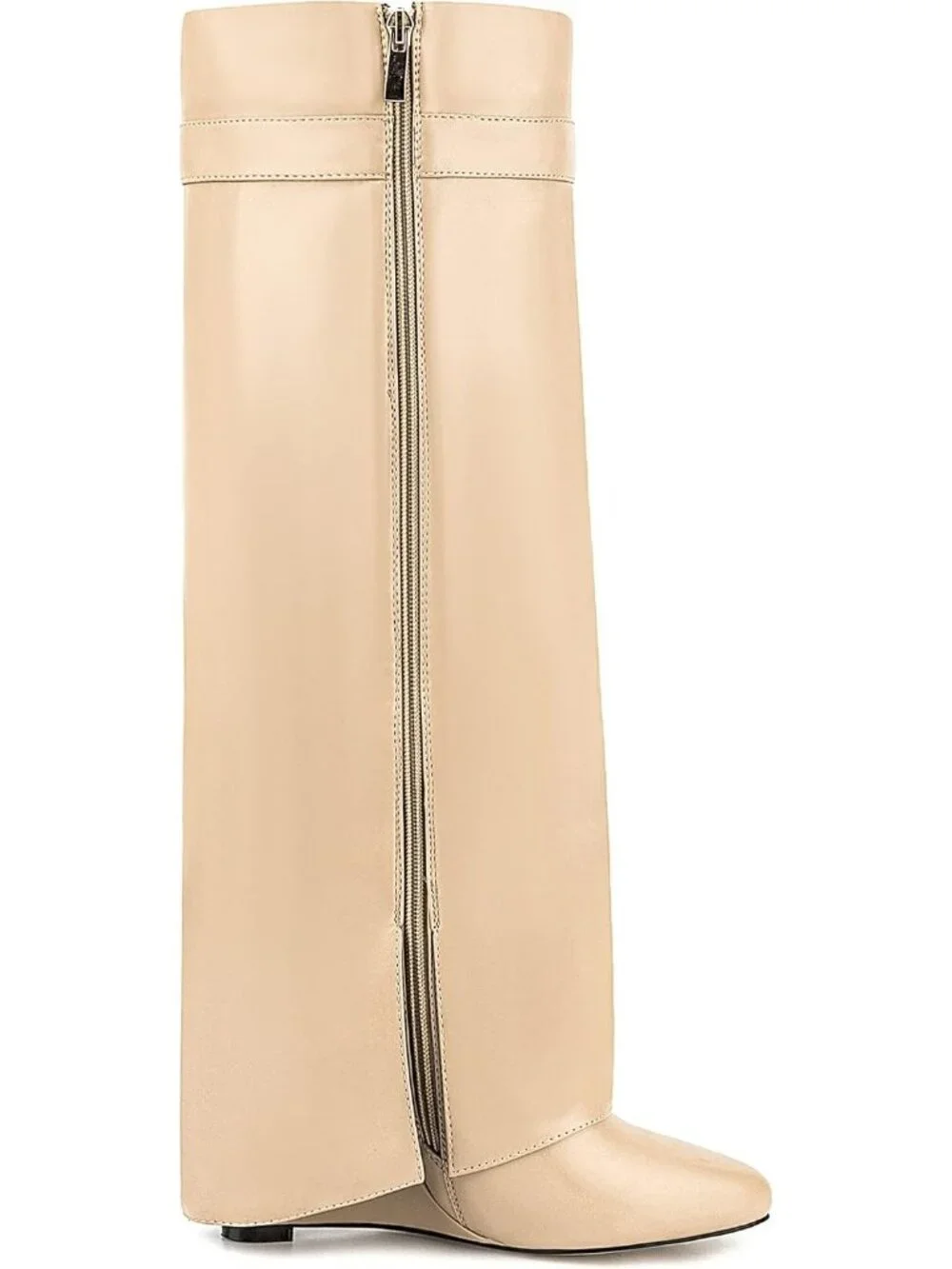 Women's Beige Pointy Pull-on Side Zipper Padlock Fold Over Knee High Boots